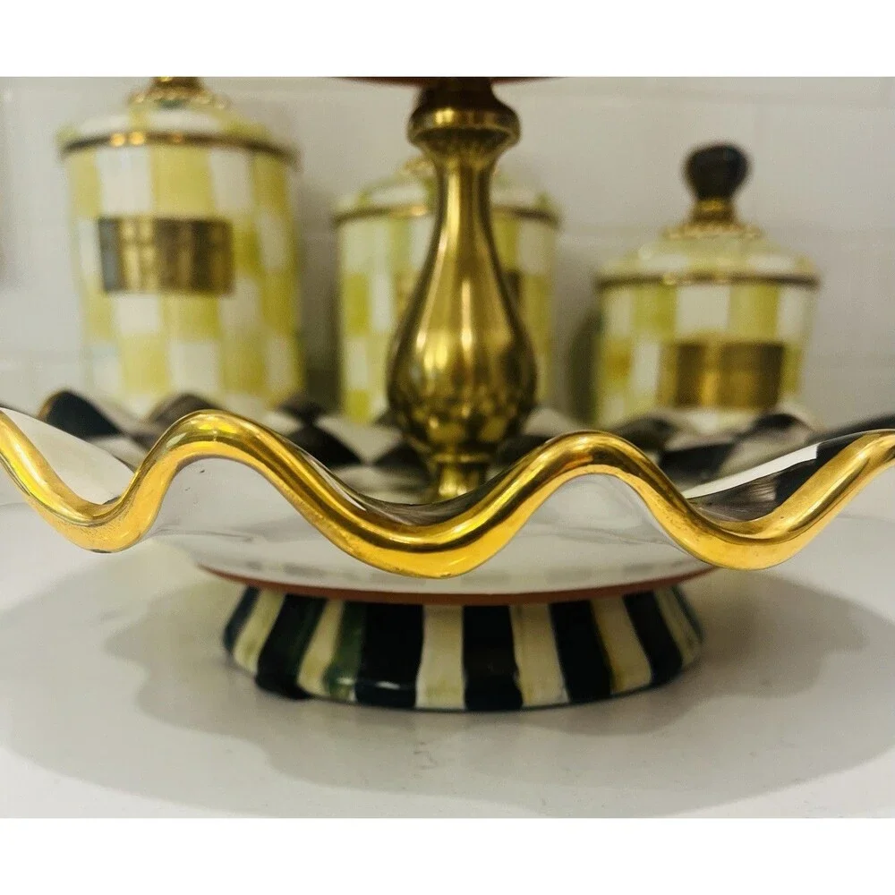 MacKenzie-Childs Courtly Check 3 Tier Sweet Stand Ceramic Gold 17”